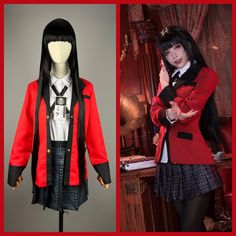 an image of a woman with long black hair wearing a red jacket and skirt while standing next to a mannequin