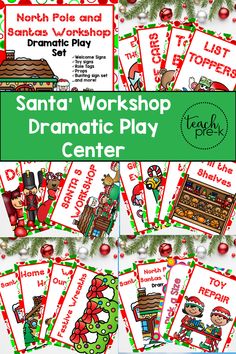 santa workshop dramatic play center with christmas themed pictures and text on the front, in green