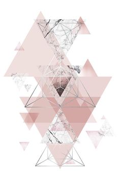 an abstract pink and white painting with triangles on the bottom, in shades of grey