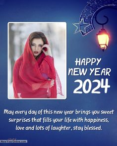 a happy new year card with an image of a woman wearing a red shawl