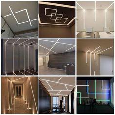 several images of different lighting fixtures in an office building, including the ceiling and walls