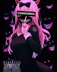 an anime character with pink hair wearing a black shirt and bow tie, holding her finger up to her mouth