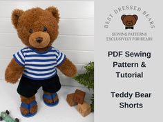 a teddy bear is standing next to some toy cars and a houseplant with the words pdf sewing pattern & tutors