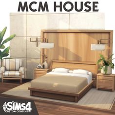 an image of a modern bedroom setting with the text mcm house on it's front cover