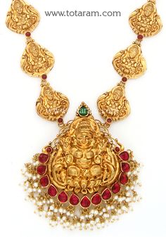 22 karat gold 'lakshmi' necklace with beads & pearls (temple jewellery)
  necklace length with pendant : 14.50 inches - 235-GN4215 - in 35.650 Grams for USD $3,528.79 USD. 
Made in India by Totaram Jewelers Online this product is in Gold - 22 Karat BIS Hallmark 916 Gold  & is an excellent gift for Adult - Women. Ships fully insured with secured guaranteed delivery for free with your order over $250 from New Jersey USA & comes with 30 days exchange policy. 22k Gold Kundan Necklace For Festivals, Yellow Gold Temple Necklace For Festivals, Festival Temple Necklace In Yellow Gold, Festival Temple Jewelry Necklace In Yellow Gold, Yellow Gold Temple Necklace With Latkans, Navratri Yellow Gold Temple Necklace, Yellow Gold Temple Necklace For Navratri, 22k Gold Temple Necklace For Festivals, Spiritual 22k Gold Kundan Necklace For Festivals