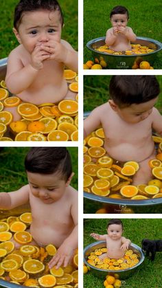 a collage of photos shows a baby in a tub filled with oranges, surrounded by other pictures