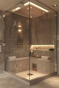 a bathroom with a walk in shower sitting next to a sink and a bathtub