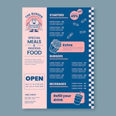 a menu for a fast food restaurant on a blue and pink background with checkered paper