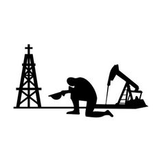 the silhouette of an oil rig and a man kneeling down to pick up something from the ground