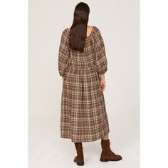 Brown plaid cotton blend (99% Cotton, 1% Elastane). Shift. Long sleeves. Scoop neck. Pull on. 43" from shoulder to hemline. Imported. Plaid Long Sleeve Dress For Daywear, Long Sleeve Plaid Cotton Dress For Fall, Long Sleeve Cotton Plaid Dress For Fall, Casual Plaid Midi Length Dress, Casual Plaid Midi Dress For Fall, Plaid Long Sleeve Midi Dress For Fall, Long Sleeve Plaid Midi Dress For Fall, Casual Plaid Dress For Fall, Fall Plaid Dress With Square Neck