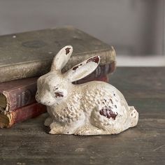 a white rabbit figurine sitting next to an old book