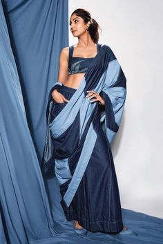 Blue denim pre-stitched saree with patchwork panels. Comes with applique work blouse. - Aza Fashions Fashion Top Outfits, Denim Blouse, Blouse For Women, Denim Patchwork, Saree With Blouse, Girl Falling, Colored Denim, Cozy Knits, Denim Outfit