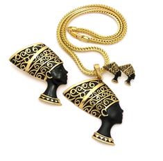 Egypt Queen Nefertiti Pendant 18" Necklace, Brooch, Pierced Earring 3 Gift Set Color: Gold / black SIZE OF PENDANT:  2.25" x 3.0", Brooch Pin: 2.0" x 2.5", Earring: 0.7" x 1.75" Pierced Type CHAIN:   4mm 18" Franco Chain Condition: 100% Brand New High Polish High Quality Retail Price : $59.99 Payments: US Customers: Paypal accepted International Customers: Paypal accepted Shipping: For Shipping & Handling within the US: FREE We do combine shipping! We ship via USPS (Post office) First Class Mail Black Metal Brooch Jewelry, Nefertiti Pendant, Egypt Queen, Necklaces With Meaning, Display Mannequins, Queen Nefertiti, Necklace For Girlfriend, Girls Necklaces, Initial Necklace