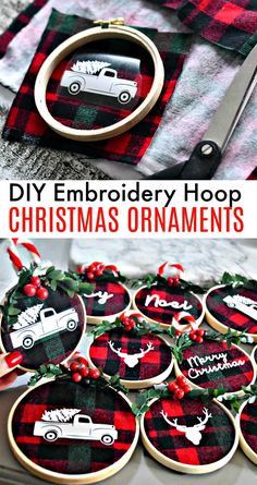 homemade christmas ornaments with the words diy embroidery hoop on them and an image of a plaid