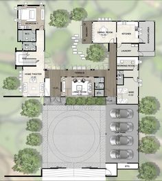 an aerial view of the floor plan for a house with two garages and three car spaces