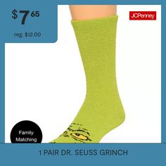 # Pieces In Set: 1 PairCharacter: Grinch, Dr. SeussShoe Size Range: 5-10Fiber Content: 98% Polyester, 2% SpandexFabric Description: KnitCare: Tumble Dry, Machine WashCountry of Origin: Imported Grinch Pajamas, Dr Seuss Grinch, Dr Seuss The Grinch, Slipper Socks, Face Design, Dr Seuss, Crew Socks, Grinch, Pajama Set