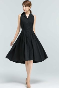 "Elegant and simple design, our black linen dress continue to shows a easy-going attitude of life. The sleeveless summer dress is made of soft linen fabric, with knee length, button down and a tie on the waist. It is a summer handmade dress, is perfect for everyday or special occasion. DETAILS * 50% linen , 50% cotton * No lining * Shirt collar * Sleeveless * Two side seam pockets * Button front closure * Fit and flare dress * Knee Length dress * perfect for Summer * Wash by hand or machine with Black Sleeveless Midi Dress With Buttons, Black Sleeveless Linen Dress For Summer, Black A-line Linen Summer Dress, Chic Black Sleeveless Linen Dress, Black Sleeveless Button Dress For Summer, Black Sleeveless Dress With Buttons For Spring, Black A-line Dress With Button Closure, Black Sleeveless Linen Dress For Daywear, Sleeveless Black Linen Dress For Daywear