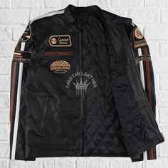 Step up your style with this retro-inspired racing leather motorcycle jacket, designed for the modern man who appreciates a nod to the past. Made from premium genuine leather, this jacket combines rugged durability with timeless fashion. Whether you're cruising the highways or rocking it for casual wear, this jacket is a must-have for any biker or vintage fashion lover. Features: Premium Genuine Leather: Crafted from top-quality 100% genuine leather for durability, comfort, and a luxurious feel. Comfort Lining: The interior boasts a soft quilted lining for warmth and comfort, making it ideal for cooler rides. Retro Racing Patches: Adorned with detailed embroidered racing patches, this jacket stands out with its unique and bold style. Zipper Front Closure: Equipped with a sturdy front zippe Racing Patches, Moto Wear, Vintage Biker Jacket, Patches Vintage, Moto Leather Jacket, Vintage Biker, Racing Jacket, Bold Style, Mens Black Leather