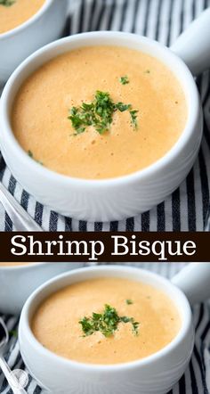 three bowls of shrimp bisque with garnishes on the top and bottom