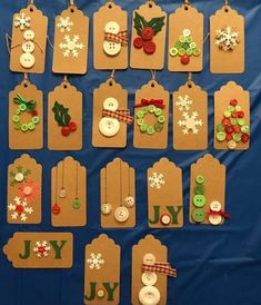 Christmas Gift Tags With Buttons, Button Tags Christmas, Diy Christmas Gift Tags Buttons, Christmas Tags Made With Buttons, Christmas Button Gift Tags, Homemade Christmas Tags Simple, Gift Tag Ideas Creative, Button Christmas Tags, Hand Made Christmas Tags