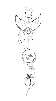 the back side of a tattoo design with an image of a bird and palm trees