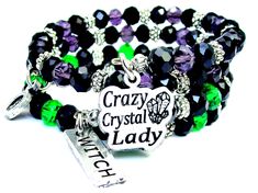 Looking for the perfect gift for someone who loves healing crystals and witches? Look no further than our 2-piece crystal purple and green bracelet set! Beautiful set features a "cray crystal lady" charm on a purple crystal beaded bracelet, and a "Witch" charm on a green crystal beaded bracelet. Both bracelets are made with high-quality materials Energy, Chakras, Aura, Gemstones, Minerals, Meditation, Balance, Cleansing, Reiki, Metaphysical, Natural, Vibrations, Spiritual, Wellness, Holistic. Beaded Bangles, Purple Crystal, A Witch