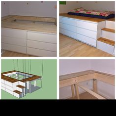 four different views of an unfinished kitchen and living room with white cabinets, wood flooring, and stairs