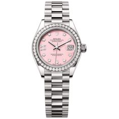 Brand New Authentic Rolex Lady-Datejust 28 Automatic Pink Dial Diamond Bezel 18K White Gold Women's Luxury Watch Model M279139RBR-0002. Polished 18K White Gold case with Brushed and Polished 18K White Gold President Style Bracelet watch band. Crownclasp clasp. Fixed. Diamond Set bezel. Dial description: Polished White Gold Hands and Diamond Hour Markers with the Date at 3 o'clock on a Pink Opal Dial. Swiss Automatic. Chronometer movement. Calendar: Date at 3 o'clock. Chronograph sub-dials display: Date. Powered by Rolex Calibre 2236 engine with 55 hours power reserve. Watch functions: Date, Power Reserve, Hour, Minute, Second. Screw down crown. Scratch Resistant Sapphire crystal. Unique case shape. Case size: 28mm. Solid case back. 100 Meters - 330 Feet water resistant. 5 year WatchMaxx wa Lady Datejust 28, Buy Rolex, Rolex Women, Calendar Date, Old Watches, Womens Watches Luxury, Eyewear Womens, Gold Hands, Bracelet Clasps