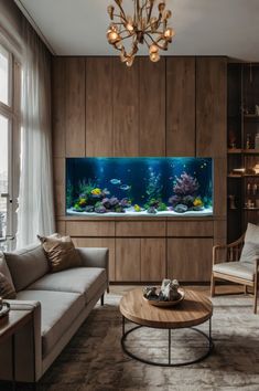 a living room filled with furniture and a large fish tank in the middle of it