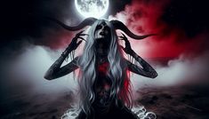 a woman with long white hair sitting on the ground in front of a full moon