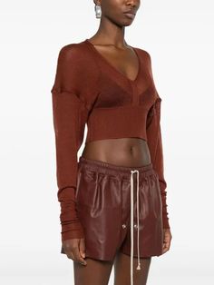 Buy Rick Owens Ls V Fine-knit Cropped Jumper - Brown At 49% Off | Editorialist Brown Knit Top For Layering, Brown Wool Sweater For Spring, Spring Brown Wool Sweater, Brown Cashmere Tops For Layering, Brown Cashmere Top For Fall, Chic Brown Fine Knit Sweater, Chic Brown V-neck Knit Top, Spring Fine Knit Brown Top, Brown Cashmere Sweater For Spring