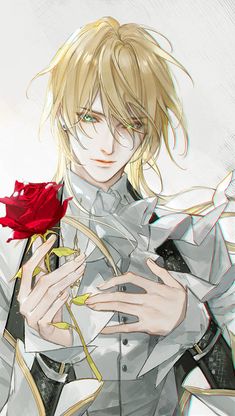 an anime character holding a rose in his hand