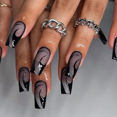 Black Coffin Nails, Tapered Square Nails, Wallpaper Cat, Edgy Nails, Dope Nail Designs, Unique Acrylic Nails