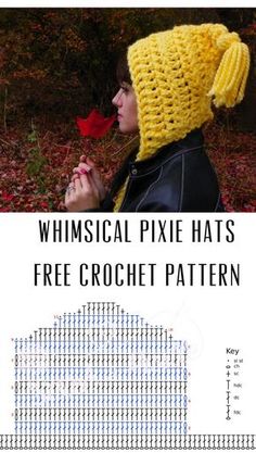 a woman wearing a yellow knitted hat with text overlay that reads, whimsical pixie hats free crochet pattern