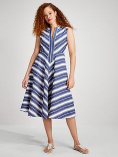 Stripes stripes stripes. We simply can't get enough. So we put some on this elegant split-neck midi dress perfect for brunch picnics parties out on the patio… | Kate Spade Stripe Double Cloth Midi Dress, Sailboat Blue - 4 Cotton A-line Midi Dress Lined, Lined A-line Midi Dress For Daywear, Daywear A-line Midi Dress, Lined, Cotton Sleeveless Midi Dress, Spring Workwear Midi Dress By Kate Spade, Lined Midi Dress For Summer Workwear, Kate Spade Summer Workwear Dresses, Lined Sleeveless Cotton Dress, Casual Knee-length Kate Spade Dresses