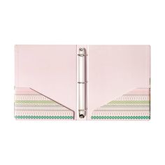 a pink binder with a pen on the top and two sections in each side