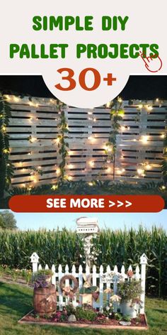 two pictures with the words simple diy pallet projects 30 + and see more