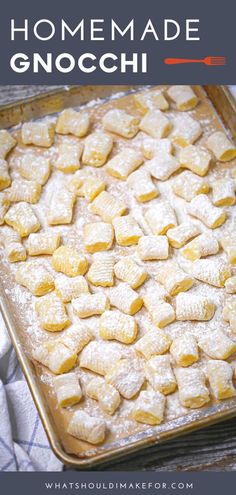 homemade gnocchi with pineapples on top in a baking pan and text overlay