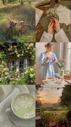 a collage of photos with flowers, teacups and other things in them