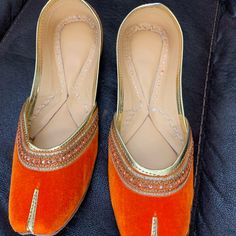 Beautiful Women's Punjabi Jutti Khussa . Brand New . Handmade Women's Wedding Mojari . These Beautiful Khussa Shoes Are Specially Made By Sequin And Beads, The Beautiful Embroidery Work Is Done On Them, These Shoes Are Made Of High Quality Leather, And Very Comfortable And Easy To Wear. Neon Orange With Dark Orange Embroidered Thread Work Done With Valvet Leather . Women’s Size 8. Elegant Wedding Shoes With Dori Work, Festive Wedding Flats With Round Toe, Formal Flats For Festivals With Round Toe, Festive Closed Toe Formal Flats, Formal Wedding Shoes With Zari Work And Closed Toe, Festive Wedding Shoes With Round Toe, Festive Wedding Slip-on Flats, Elegant Festive Flats For Formal Occasions, Elegant Formal Flats For Festive Occasions