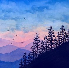 a painting of birds flying in the sky above trees and mountains at sunset or dawn