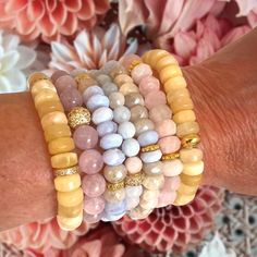 "This is a lovely set of pastel gemstone stackable bracelets with gold and crystal accents.  Bracelets are composed of gemstones:  lilac quartz, aquamarine, morganite, yellow quartz, lace blue agate, and blue lace agate gemstones.  These exude a very light and airy vibe and guaranteed to step up your arm candy game.  These pieces are perfect alone or stacked.  Each bracelets is made to fit a 6\" to 7\" wrist and the stones are strung on a durable stretch cord.  If you need to adjust the length, please let me know prior to your order.  (Happy to make any adjustments!)   Please see the numbered photo to choose your bracelet.  Descriptions of each piece as are follows.   1.  Lilac quartz smooth round gems with gold Swarovski accent bead (Stones are 8mm dia) 2.  Pink morganite faceted rondelle Candy Games, Yellow Quartz, Pink Morganite, Gemstone Beaded Bracelets, Stackable Bracelets, Stretchy Bracelets, Blue Lace Agate, Blue Agate, Lace Agate