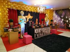 a party room with balloons and decorations on the walls, including mannequins