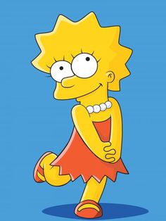 the simpsons character is wearing a red dress and standing in front of a blue background