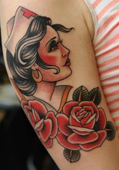 a woman's arm with a rose and nurse hat tattoo on her left shoulder