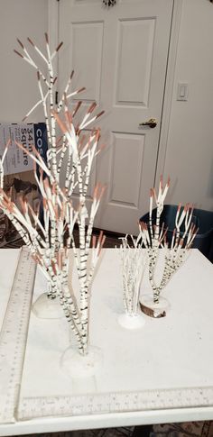 two vases filled with branches sitting on top of a table next to a ruler