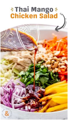 the ingredients for thai chicken salad are being poured into a large bowl with carrots, red onions, and cilantro