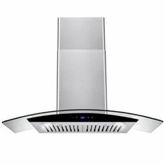 a stainless steel range hood with black accents