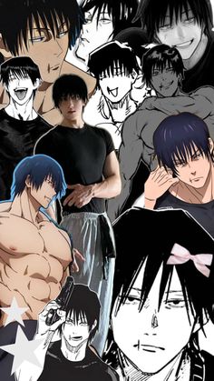 an anime character with many different expressions on his face and chest, all in black