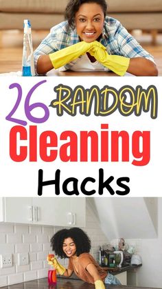 a woman cleaning her kitchen counter top with the words 26 random cleaning hacks on it